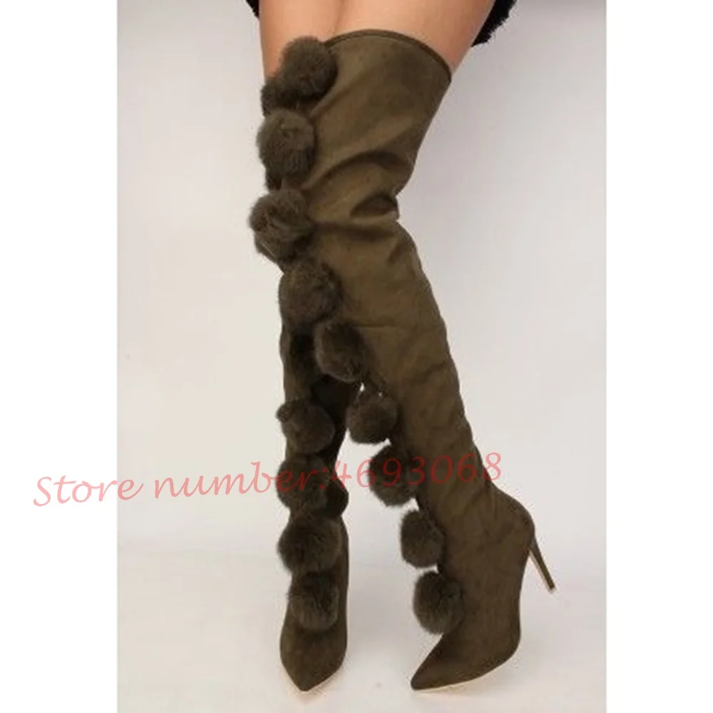 Poms Suede Pink Thigh High Boots Women Spring Sweet Thin High Heels Fur Stretch Boots Pointed Toe Female Sexy Elegant Long Shoes