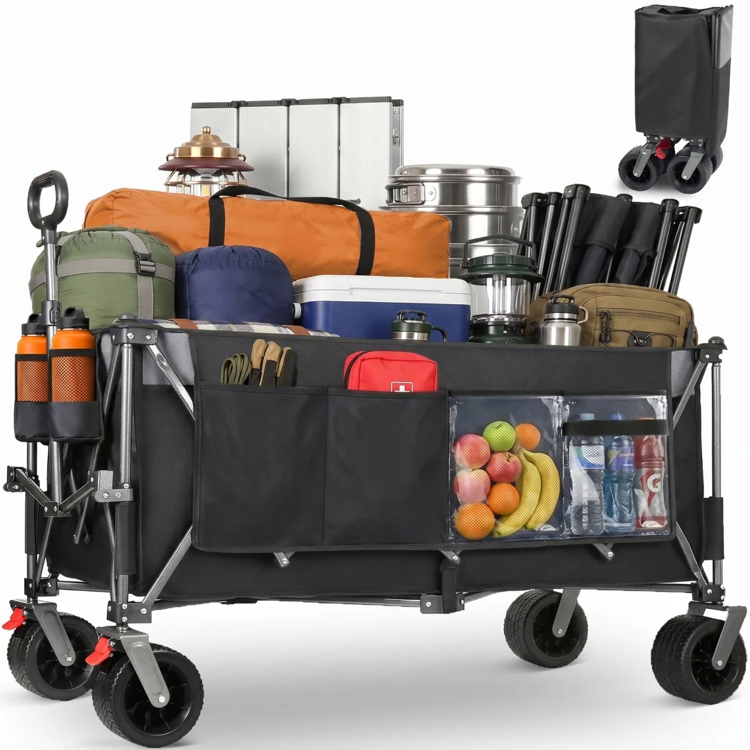 Vouwwagen met 420L capaciteit, met achterklep, grote terreinwielen, duurzame inklapbare kar voor transport van boodschappen, op het strand, in de tuin en buitenshuis.