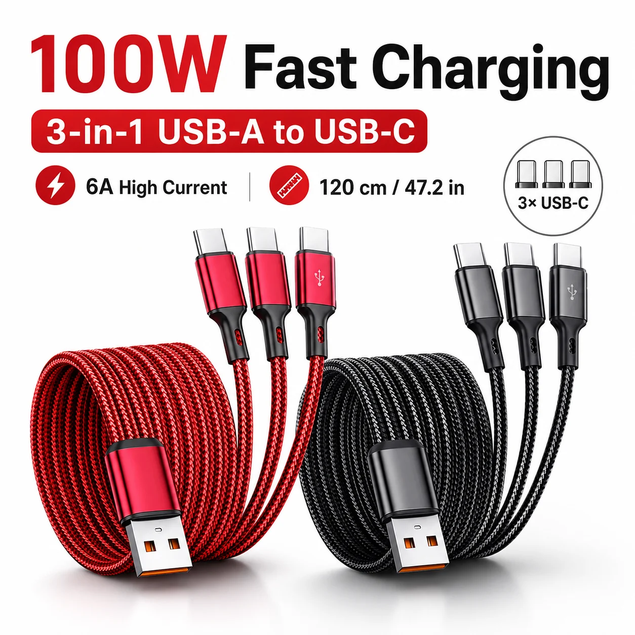 3-in-1 USB-A auf 3x Typ-C Kabel 100W 6A Schnellladung Datenübertragungskabel für Samsung Xiaomi Huawei Android-Telefone
