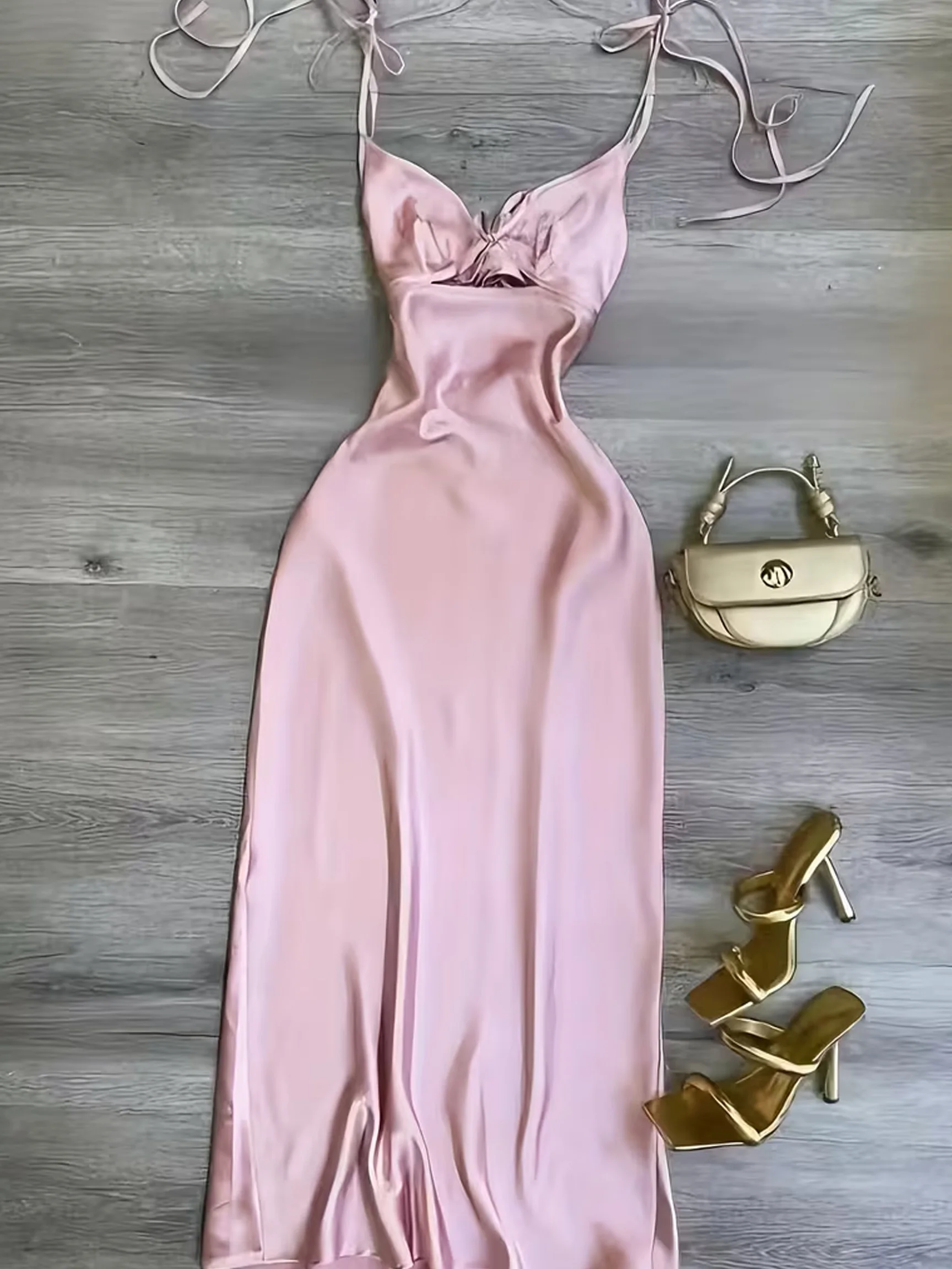 Women's Solid Satin Spaghetti Strap Dress, Super Sweet Tie Bandage Design, Elegant Eye-catching Sexy Casual Midi Dress