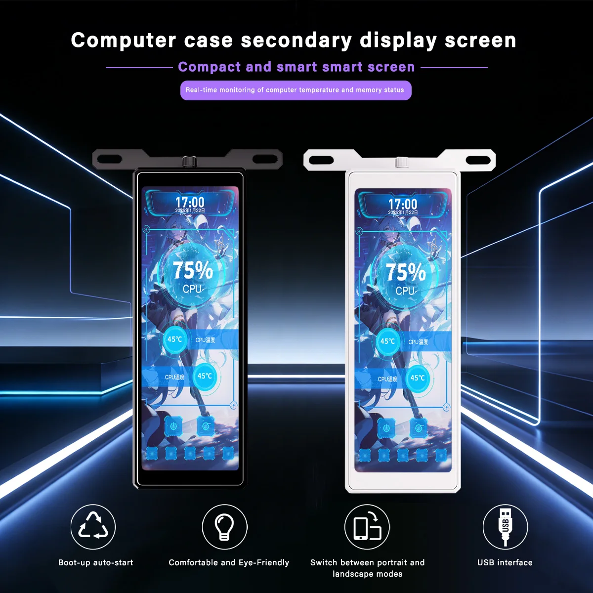 4.58-inch USB Aluminum Alloy PC Monitoring Screen Triple-Fan Version- Secondary Display for RAM/Hard Drive Status Information