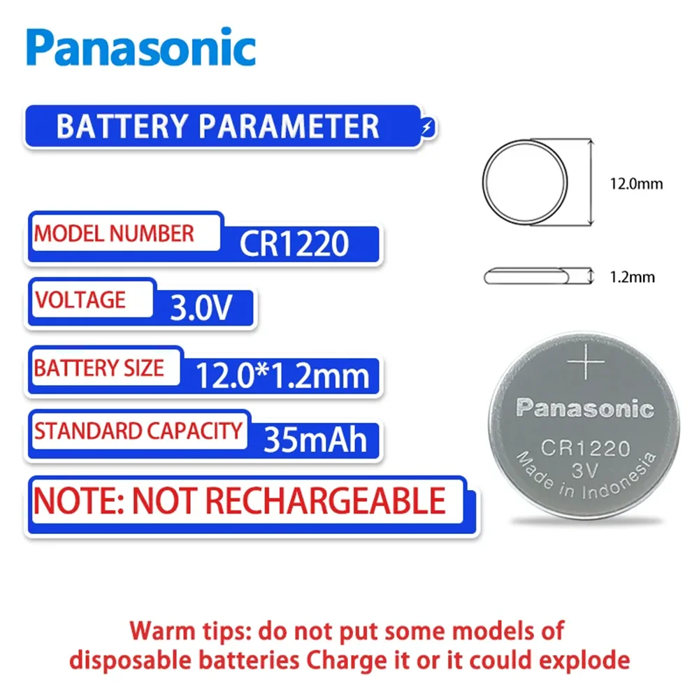 Panasonic-Pile bouton au lithium, 3V, CR1220, ECR1220, DLCR1220, 24.com, pile bouton pour montre, calculatrice électronique, jouet, 2 pièces, 50 pièces