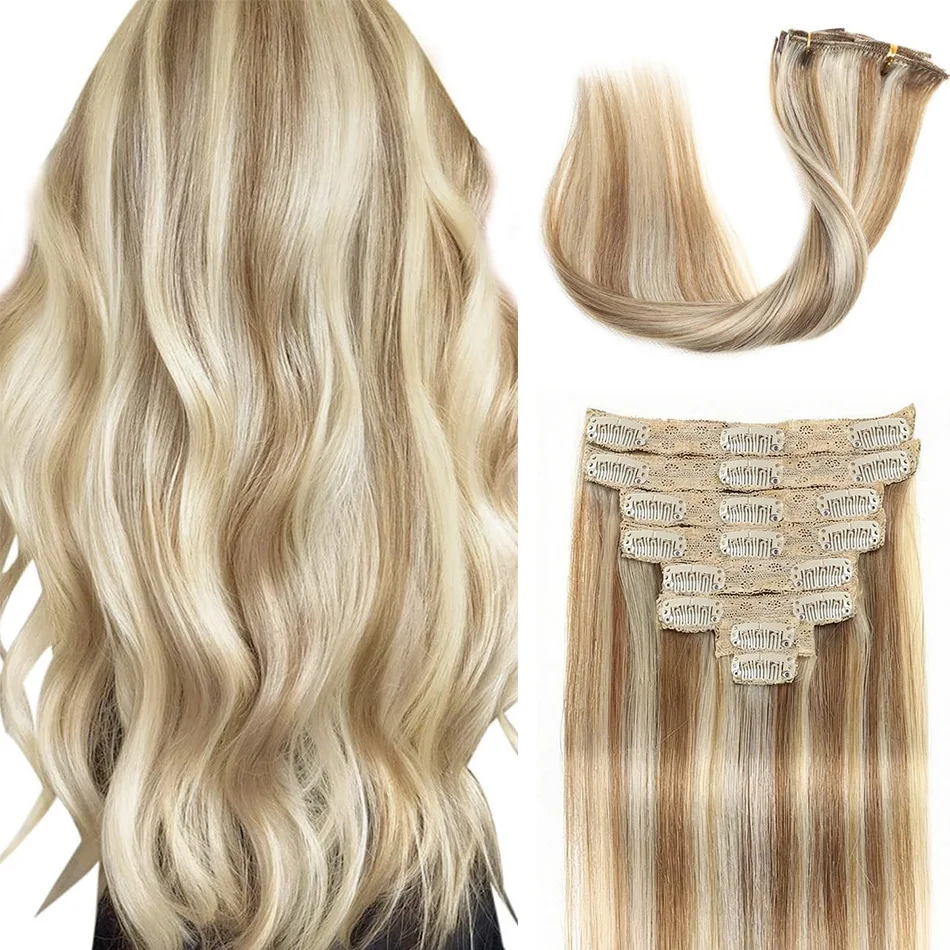 18Inch Human Hair Clip In Extensions Hair Bundles Blonde Brown Highlight Color 120g Straight Remy Hair Weft For Women Salon 8pcs