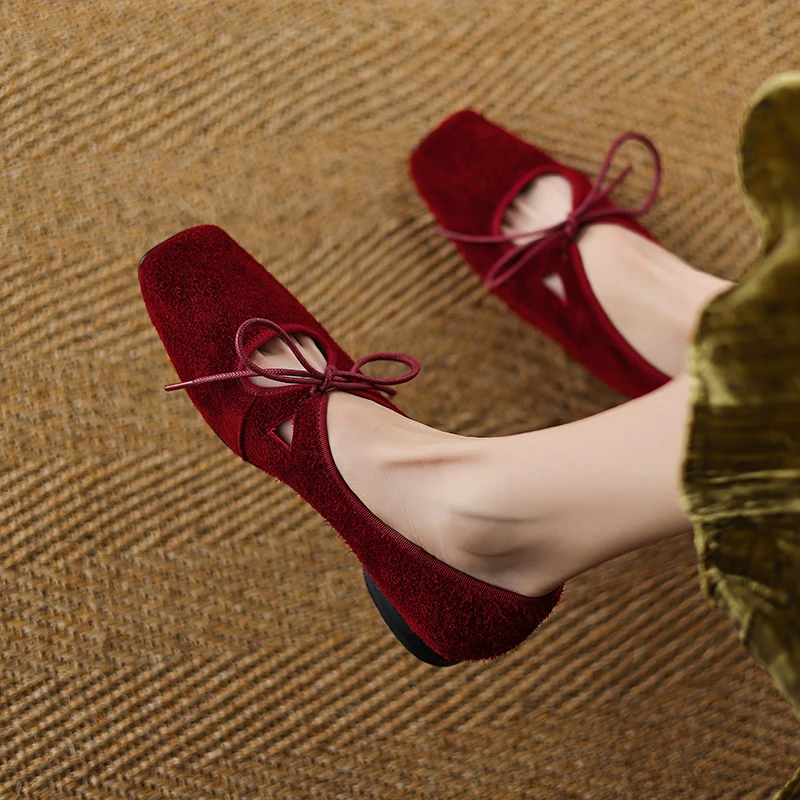 

Women Suede Ballet Flats Bow Tie Square Toe Burgundy Yellow Green 0.8 Inch Heel Comfort Anti-Slip Sole Casual Dressy Shoes