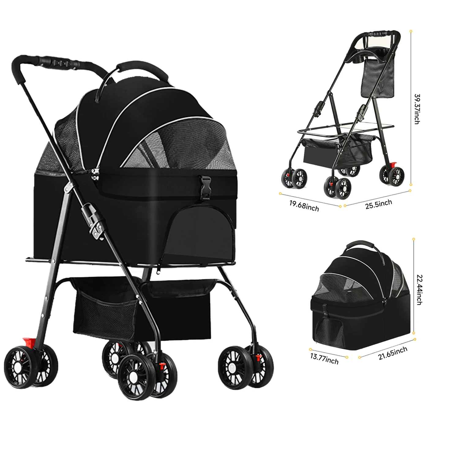 100x50x65cm Pet Stroller 4 Wheel Foldable Pet Stroller With Storage Basket For Small Medium Dogs & Cats Load Capacity 30 Pounds