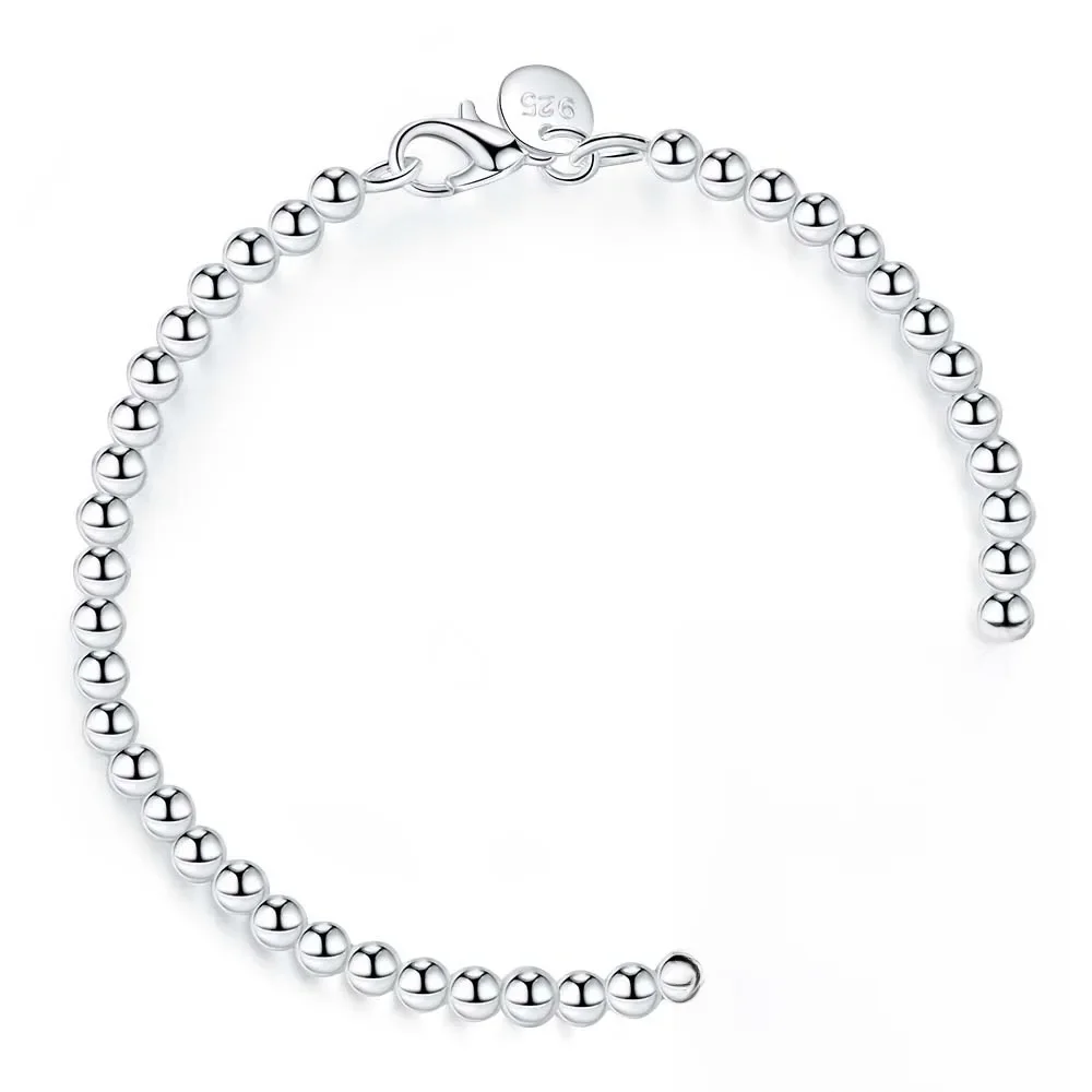 100% prawdziwe 925 srebro bransoletka dla kobiet mężczyzn Homme 4MM koraliki łańcuszek kulkowy bransoletki bransoletki klasyczne Pulsera De Mujer — zdjęcie 2