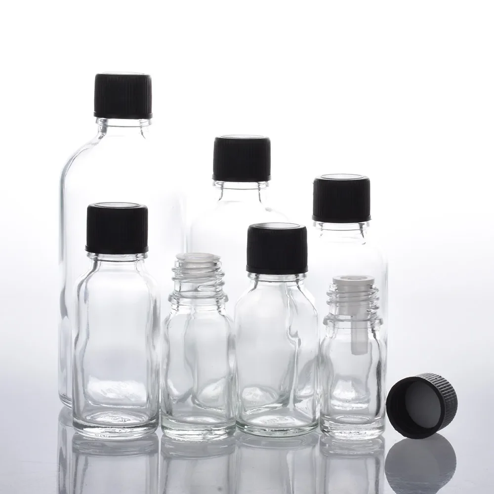 6 sztuk/partia 100 ml 50 m 30 ml 20 ml 15 ml 10 ml 5 ml 1/3 oz 1 oz puste jasne niezbędne szklane butelki na olej z czarną czapką pojemniki szklane — zdjęcie 2