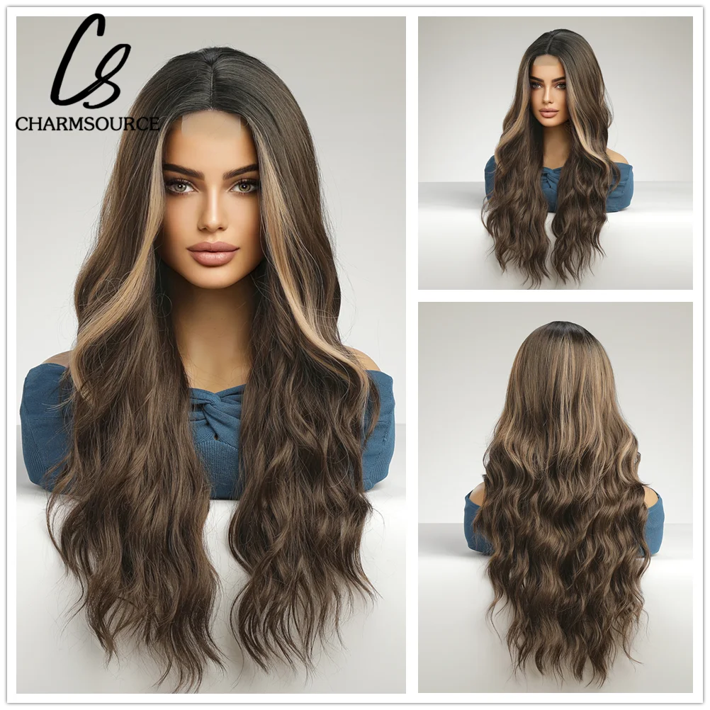 

Charmsource Long Brown Wig Highlight Golden Wavy Part Lace Wigs Daily Natural Hair Wigs for Women High Quality Synthetic Wig