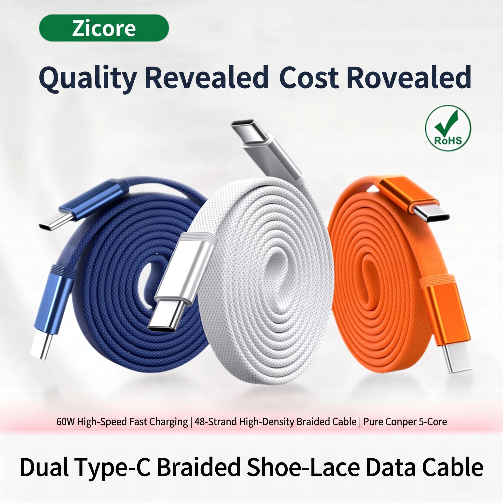 Zicore Fast Charging USB C to USB C Cable Braided Flat Type C for iPhone 15/16/17 MacBook Laptop - Universal USB-C Device Cord