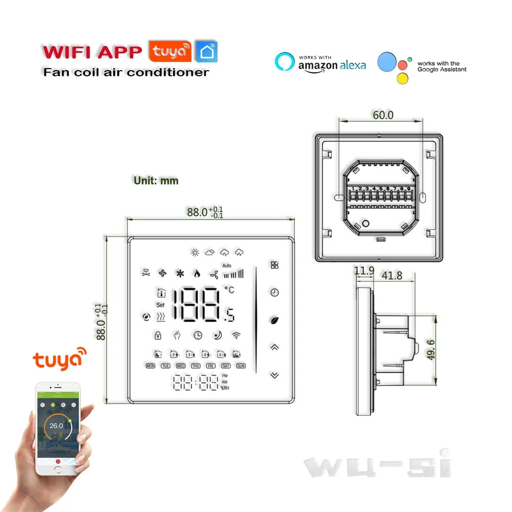 Alexa 2pipe/4pipe Fan Coil room thermostat TUYA Wi-Fi HVAC temperature controller for heating and cooling 24VAC 95-240VAC Option