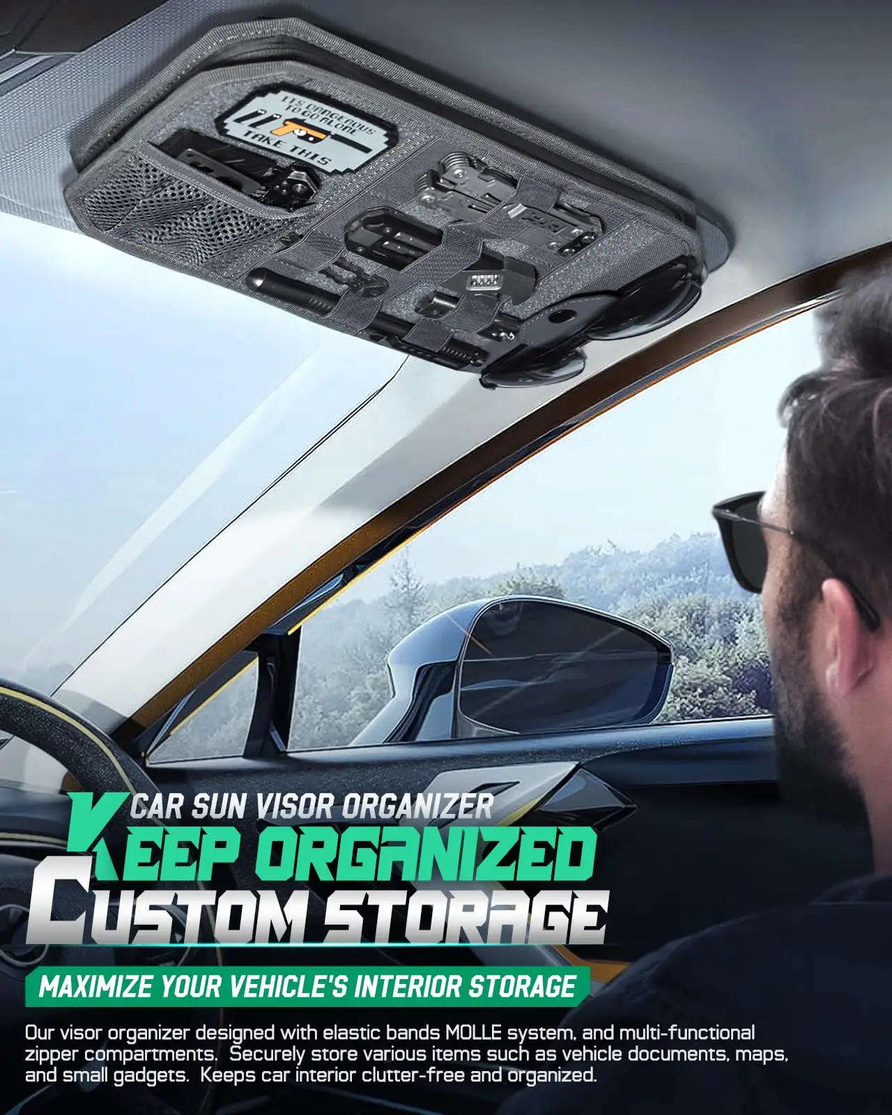 Car Tactical Sun Visor Organizer,  MOLLE Panel with Zipper Storage Pouch & Glasses Clip, Universal Fit for Trucks, SUVs, Jeeps
