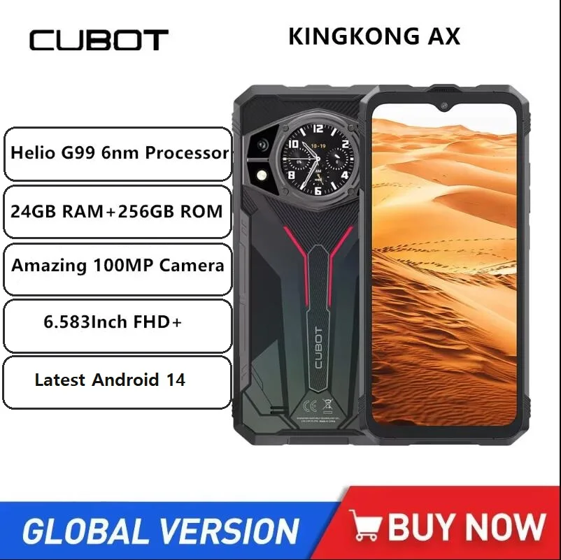 Cubot KINGKONG AX Robuuste 4G-smartphone 6,583 inch FHD + Octa Core 24 GB + 256 GB Android 14 mobiele telefoon 100 MP 5100 mAh 33 W snel opladen