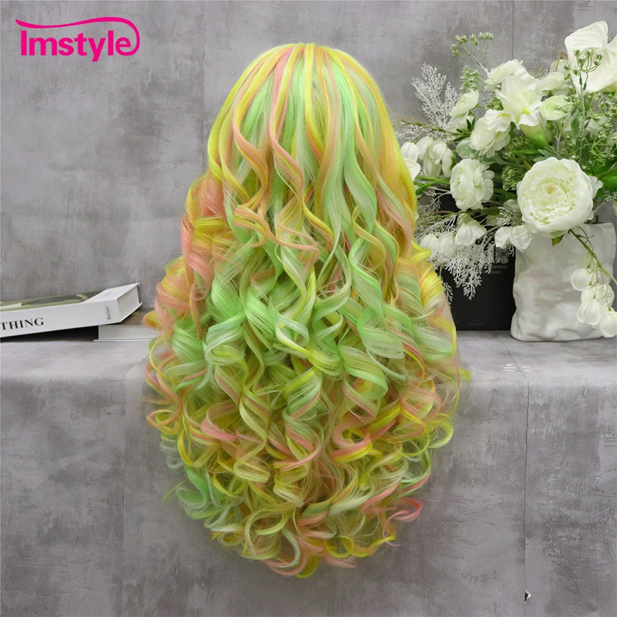 Imstyle Colorful Wig Long Rainbow Synthetic Lace Front Wig Heat Resistant Fiber Natural Wavy Wigs For Women Party Pink Yellow