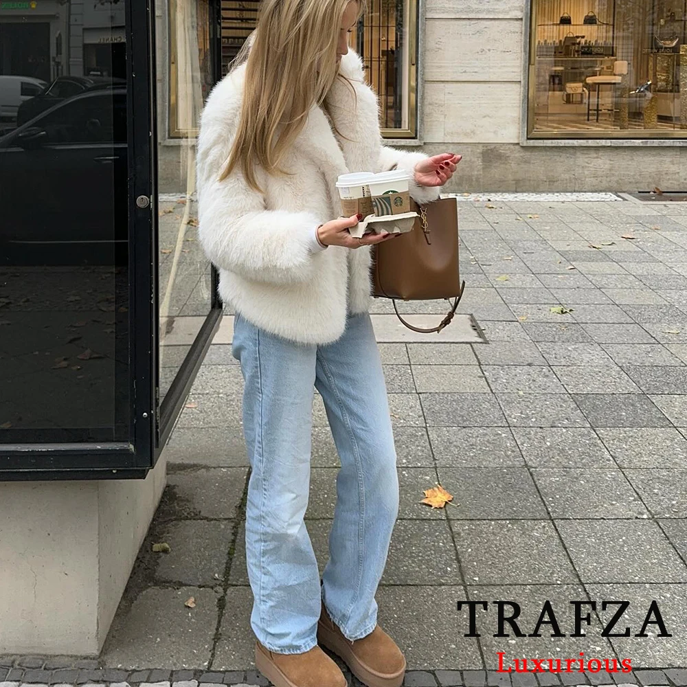 TRAFZA Vintage Faux Fur Women Jackets Solid Turn-down Collar Long Sleeve Warm Coat Chic White Fashion 2024 Winter Autumn Outwear