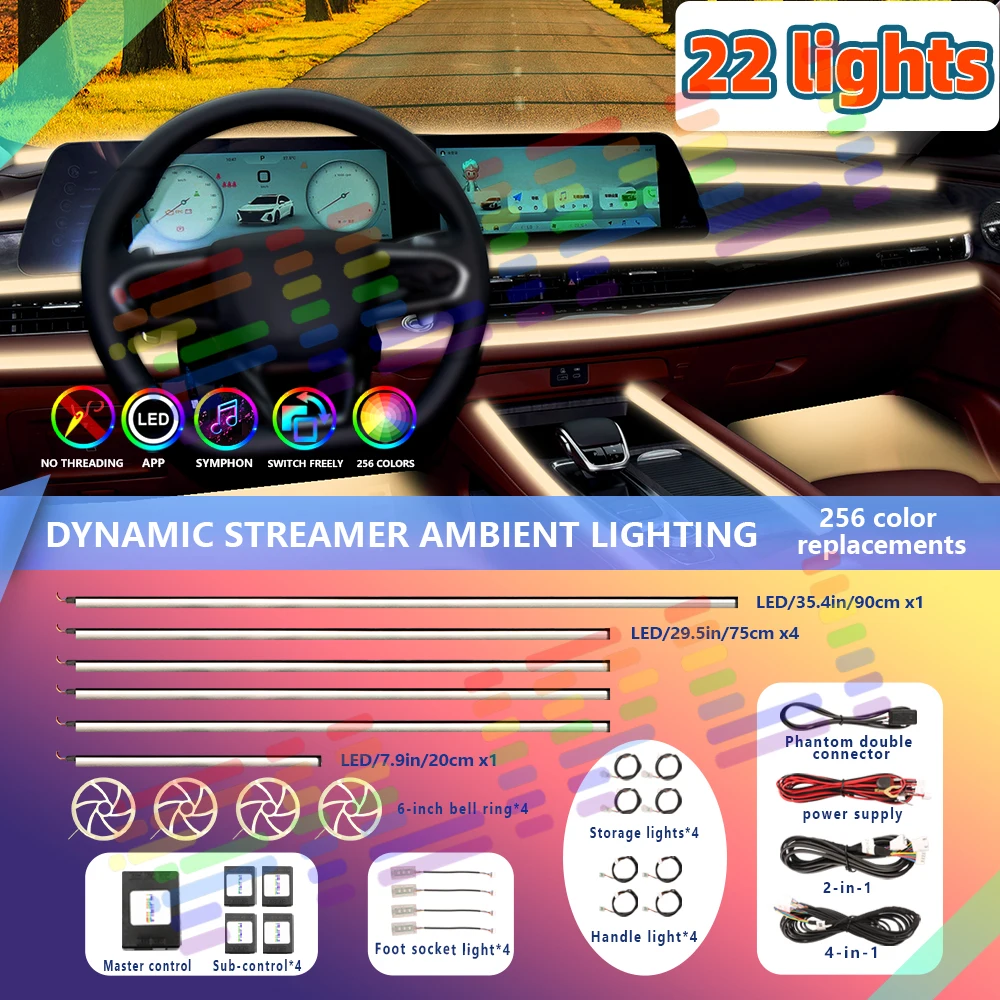 22 in 1 Neon Atmosphere Lighting 140cm Symphony LED Car Ambient Lights RGB 64 Colors Interior Rainbow Acrylic Strip Kit App