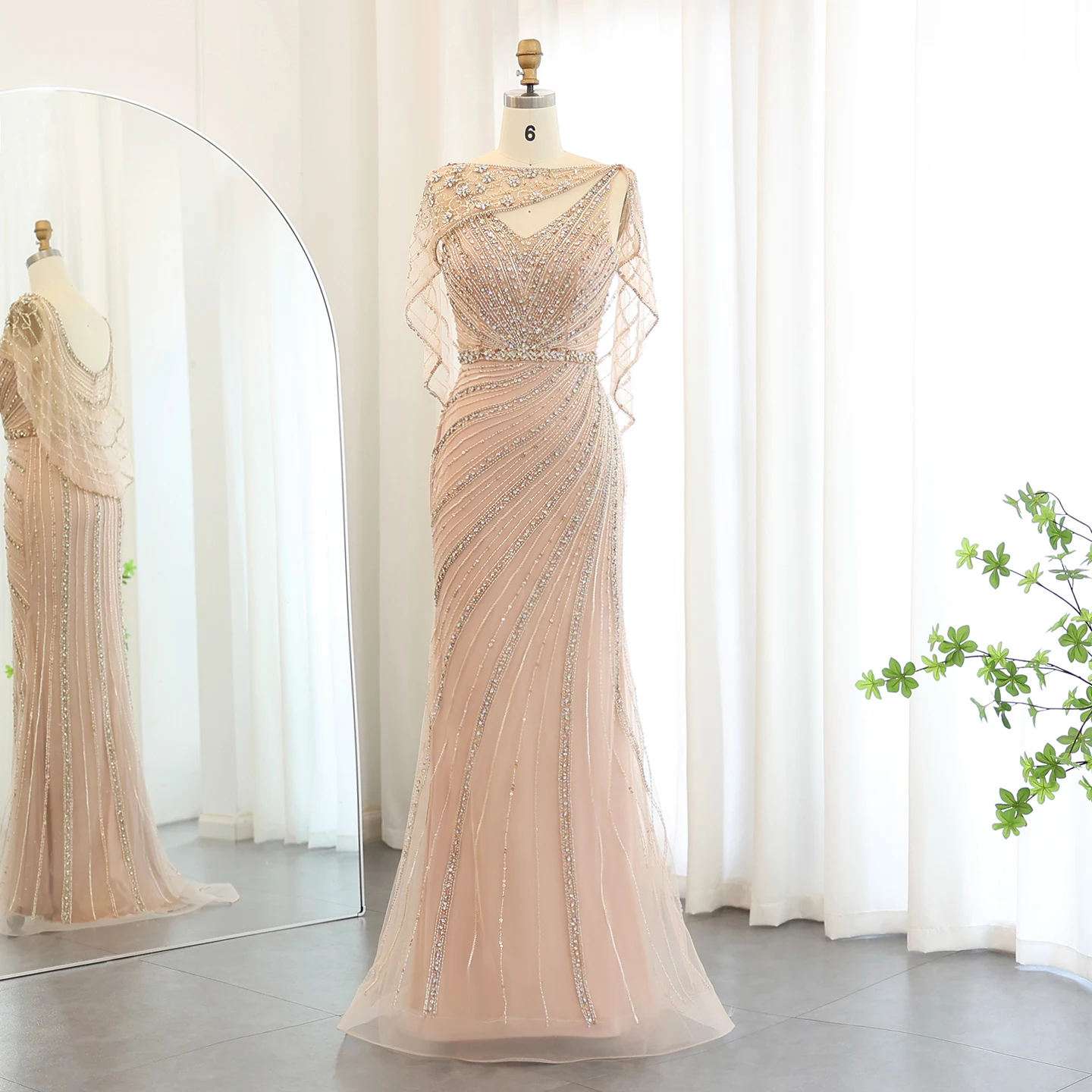 

Sharon Said Arabic Champagne Mermaid Evening Dress with Cape Luxury Bead Formal Prom Dresses for Wedding Party SS122 Customized