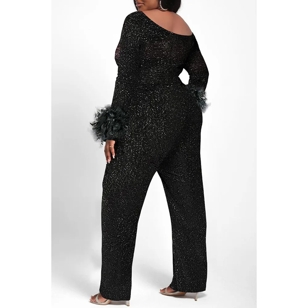 Plus Size Party Jumpsuit Black Glitter Long Sleeves Feathers Sequin Jumpsuit