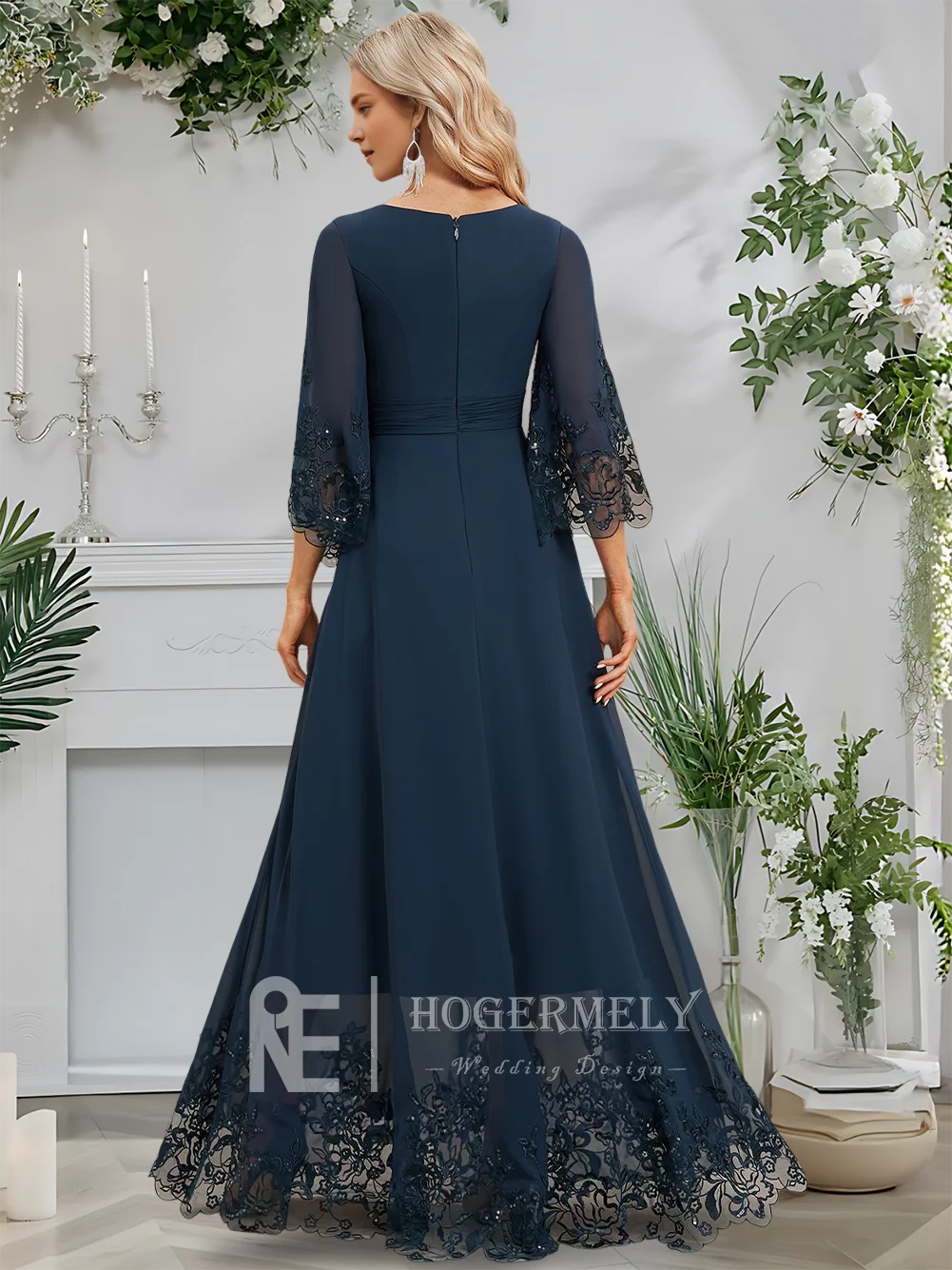 Um vestido de noite elegante feminino até o chão chiffon renda a linha vestido com decote em v 3/4 mangas flutter colher vestido de baile festa de casamento