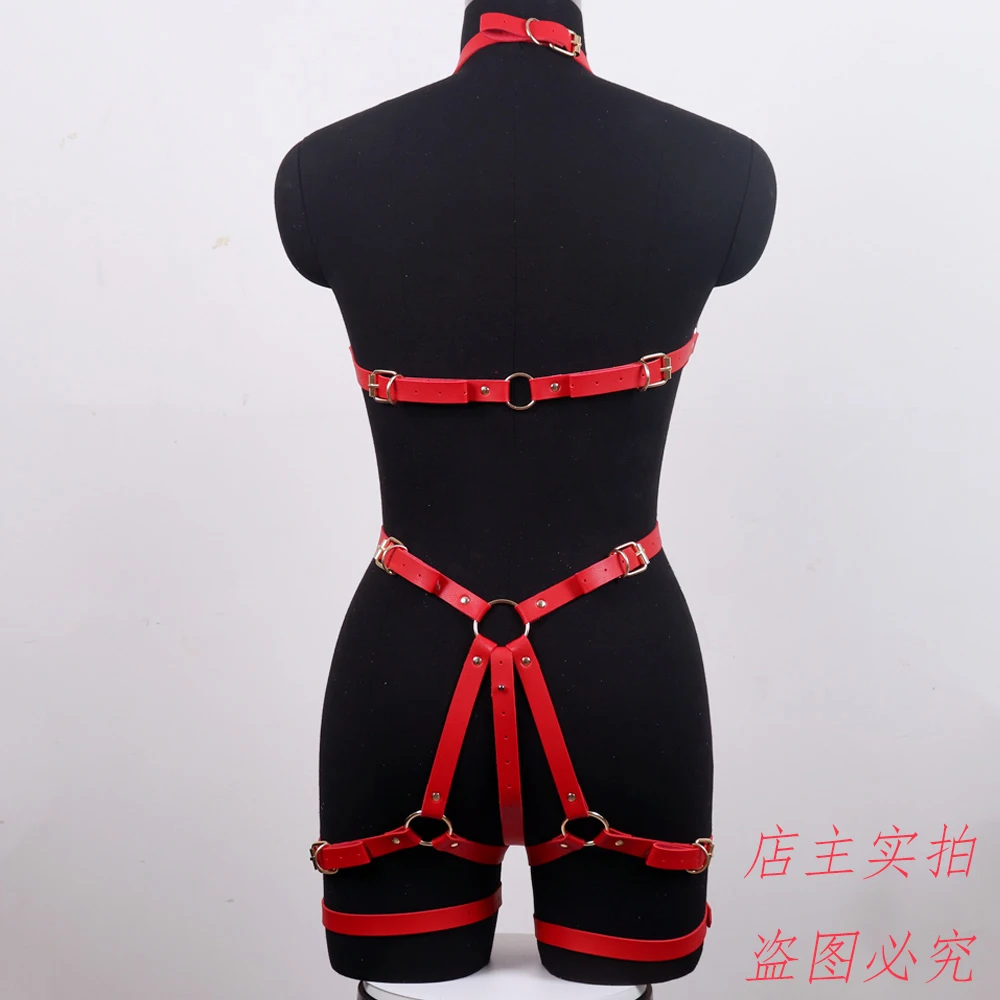 Sexy Lingeries Harness Leather Set Red Garter Belt Punk Goth Plus Size Women Bra Cage Top Chest Rivet Sexy Waist Leg Suspender