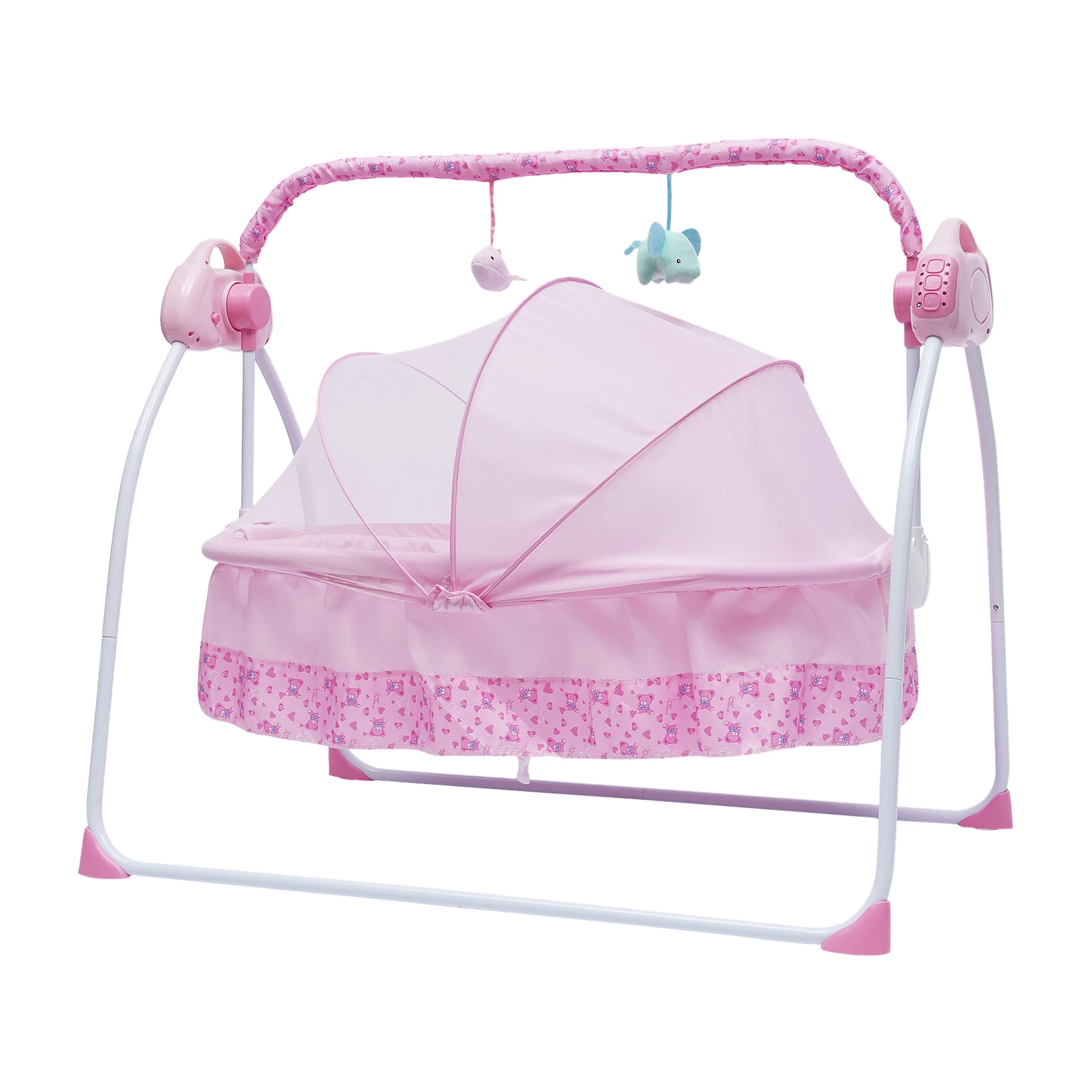 Auto-Swing Electric Baby Crib Cradle Newborn Bassinet Sleep Bed Infant Bluetooth With Mat Auditory Development Pink Toy Rack