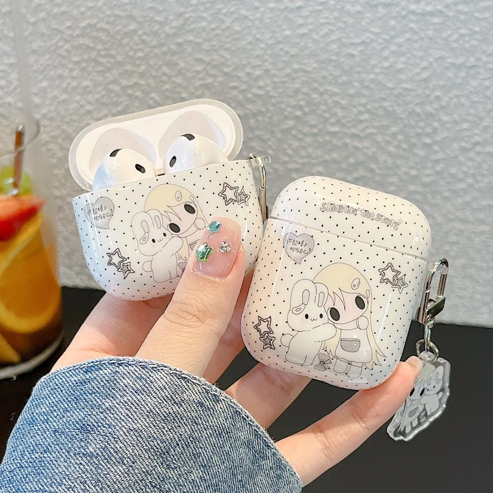 

Korea Ins White Polka Dot Cartoon Girl Cute Headphone Case for Apple Airpods 2 3 4 Pro 2 Pro3 Kawaii Shockproof Case With Charm