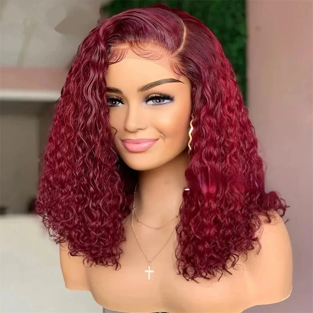 16 Inches 99J Burgundy Short Lace Front Wigs Short Bob Deep Wave 13x4 HD Lace Frontal Human Hair Wigs For Woman Nature Hairline