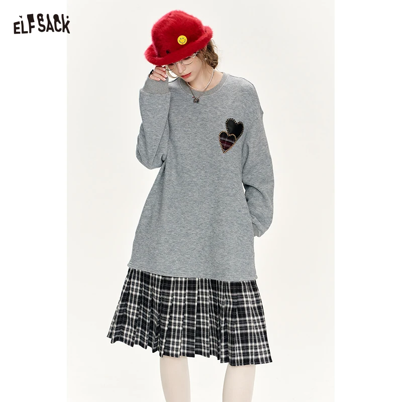 

ELFSACK 2024 Winter New Arrivals Gray plaid patchwork sweatshirt dress for women preppy style dress with love applique