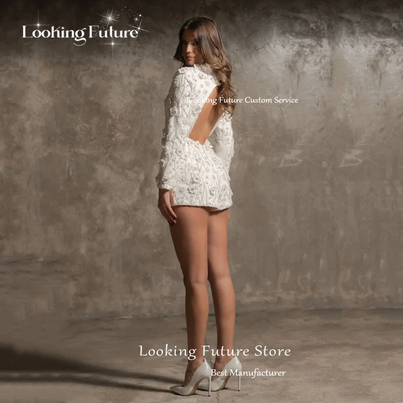 2026 Customized Modern Ivory Sheath Wedding Dress Lace Appliques Long Sleeves High Neck Pleat Sequined Sexy Backless Short Gowns