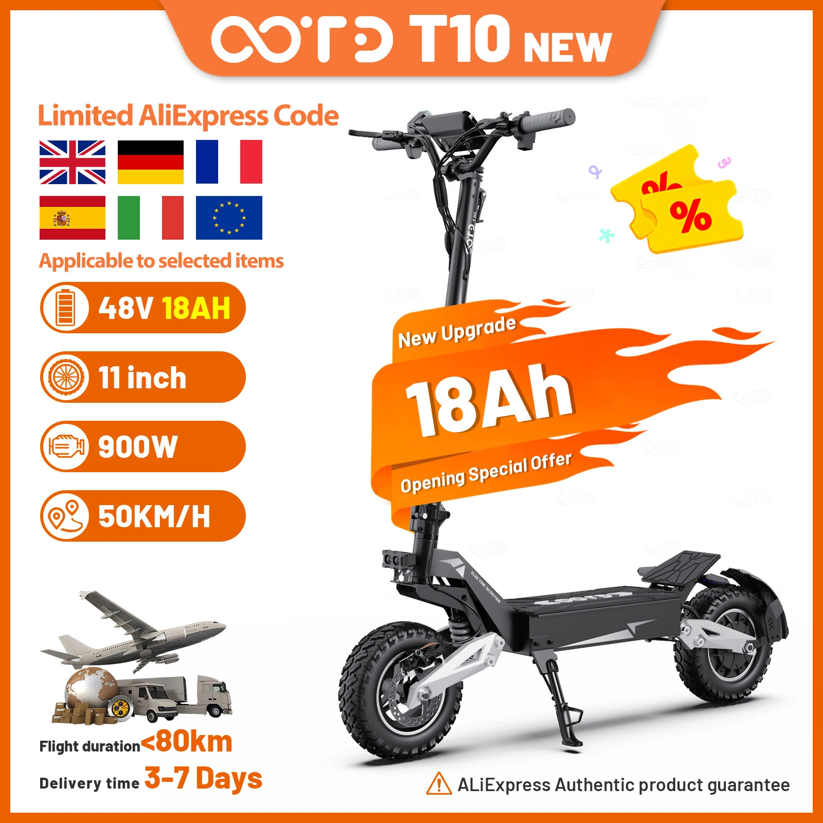 Trottinette électrique 18ah, OOTD T10 E-Scooter, moteur 900W max et batterie 18Ah, autonomie 45-60 km, roues tout-terrain de 11 pouces