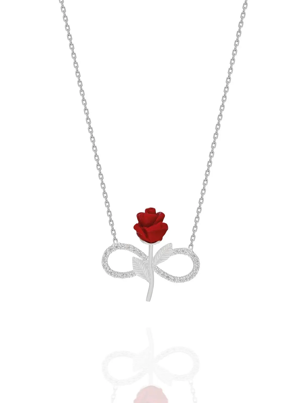 Vrouwen Ketting Pure 925 Sterling Zilver Zirkoon Zirconia Infinity Rode Roos Liefde Icoon Model Ketting
