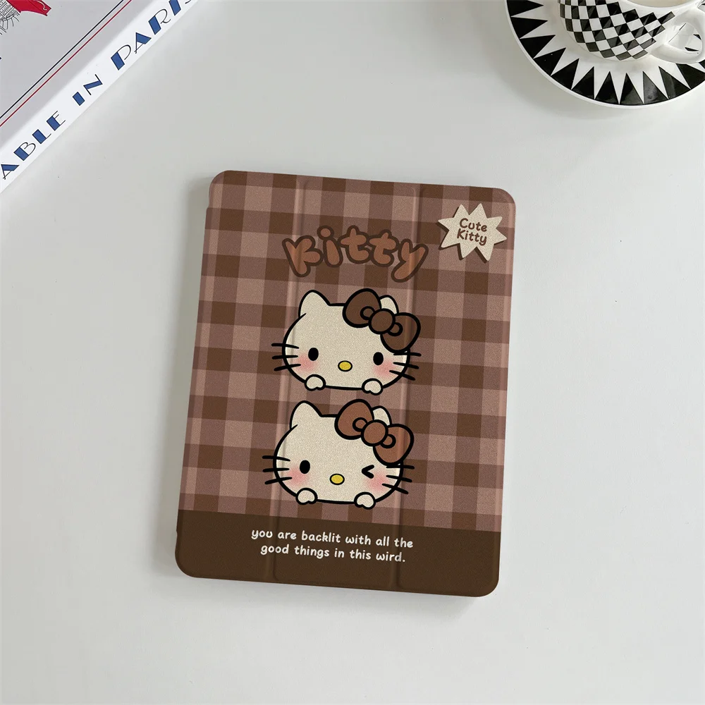Cute coffee colored checkered KT cat suitable for A16 2024 11 inch 2025 Air 5/4 10.9-inch iPad 10 9.7 10.2/10.5 Mini 6/5 with pe