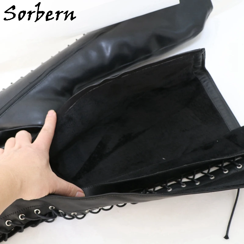 Sorbern Real Leather Heelless Vintage Round Toe Boots Burlesque Knee High High Arch Shoes Wide Leg Stilettos Black Matt Boot