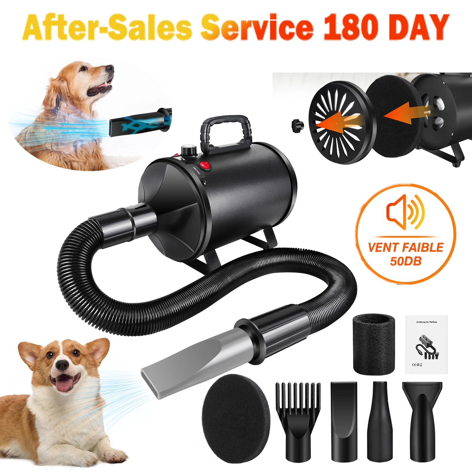 Sèche-cheveux pour animaux de compagnie 3500W, 2 températures (35 ° C/65 ° C), Vitesse variable 50-100 m/s – Tuyau télescopique de 2,3 m, 4 buses – Pour chiens