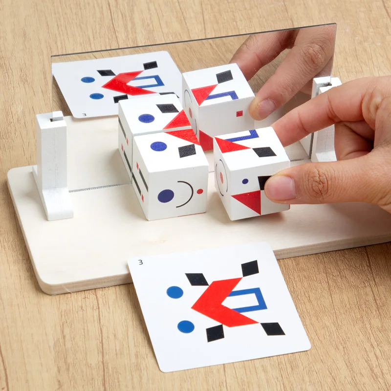 Giocattolo puzzle a specchio Montessori per bambini Giocattoli educativi precoci in legno Pensiero logico Allenamento spaziale Gioco cerebrale Giocattolo da viaggio Regali