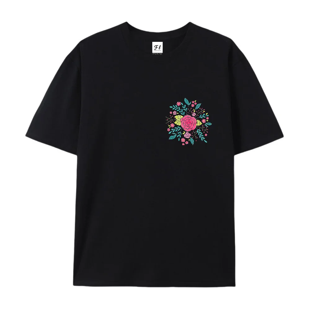 Pequena flor rosa estilo minimalista fresco desenhado à mão padrão de desenho animado impresso algodão puro manga curta dopamina verão meninas