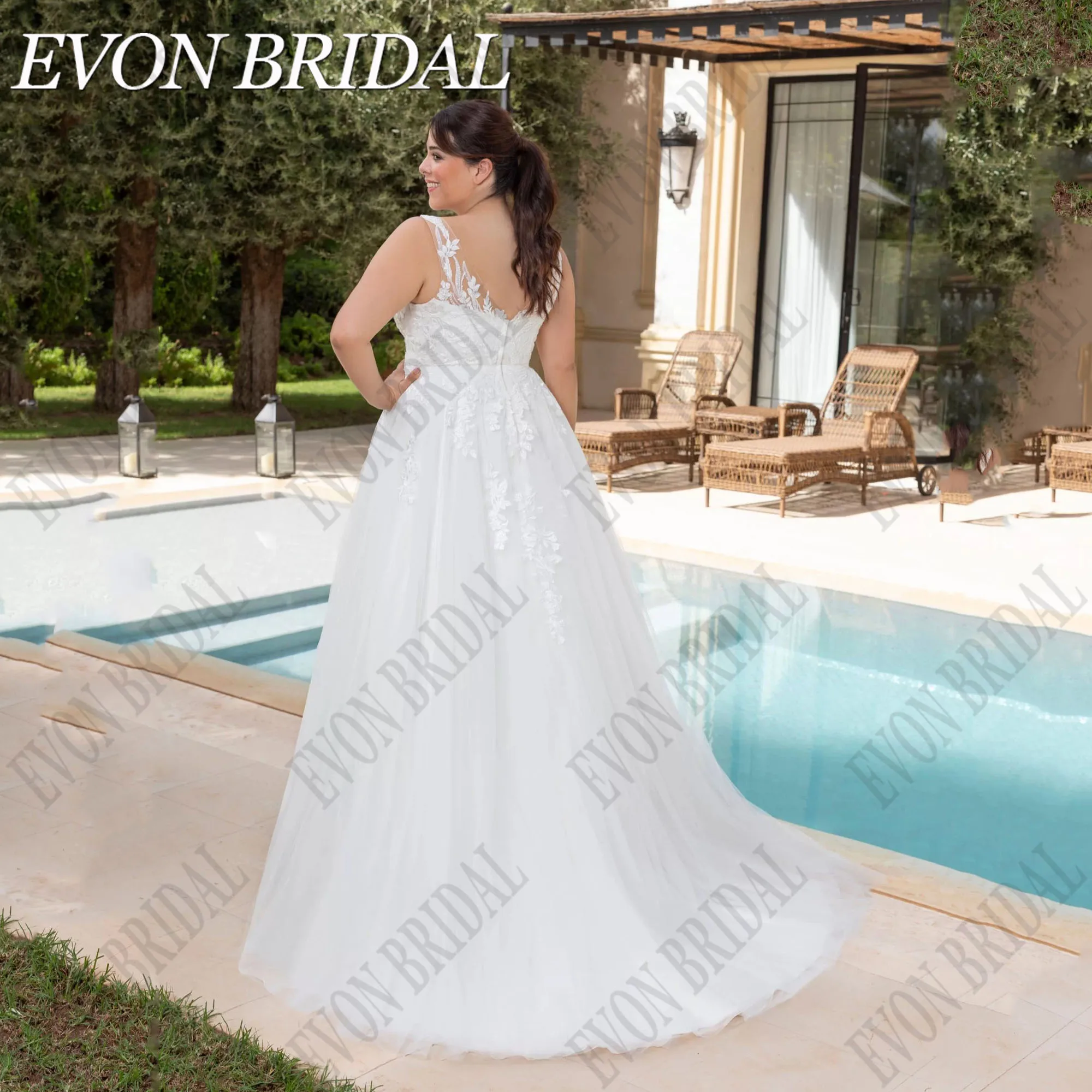 EVON BRIDAL Vestidos De Casamento De Tamanho Grande Para Mulher Sem Mangas Decote Em V-Line Vestidos De Noiva Applique Tulle Elegant Robe De