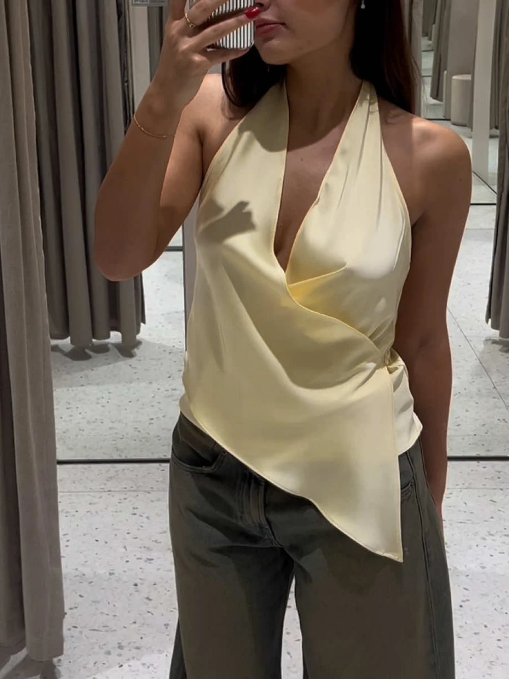 Sexy Halter Satin Tank Tops Women Deep V Neck Cross Wrap Camisoles Sleeveless Backless Draped Silk Blouse Polka Dot Party Vest