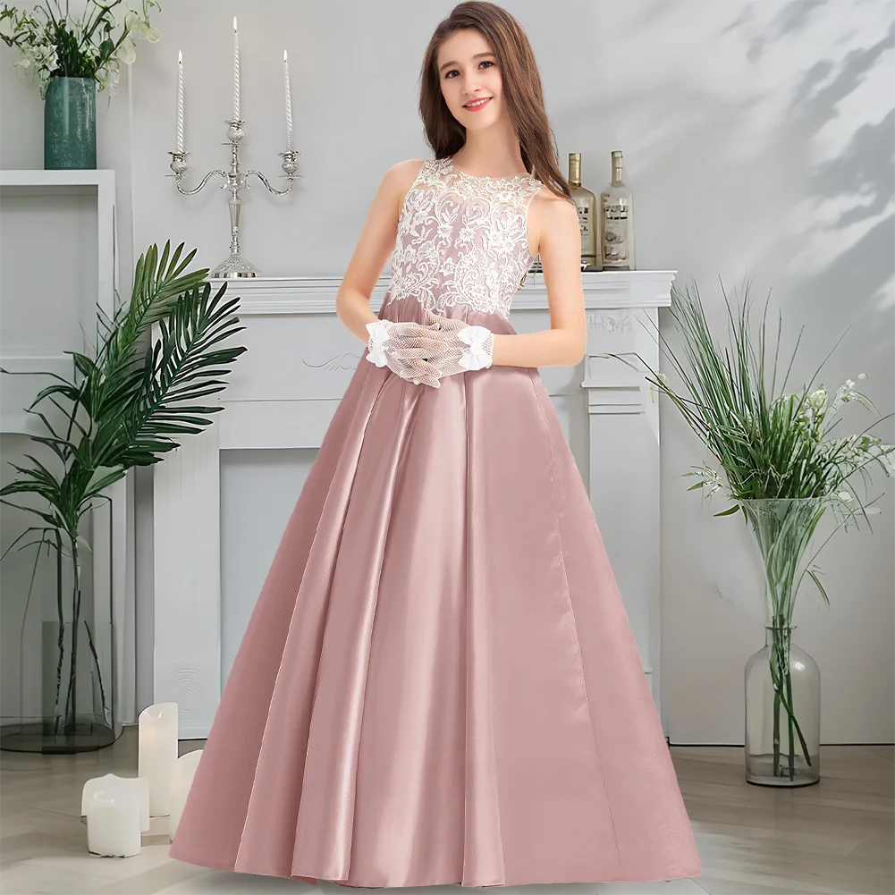 

Luxurious Princess Junior Bridesmaid Dress Blush Flower Girl Dress Floor-Length Satin Lace With Cascading Ruffles Wedding Party