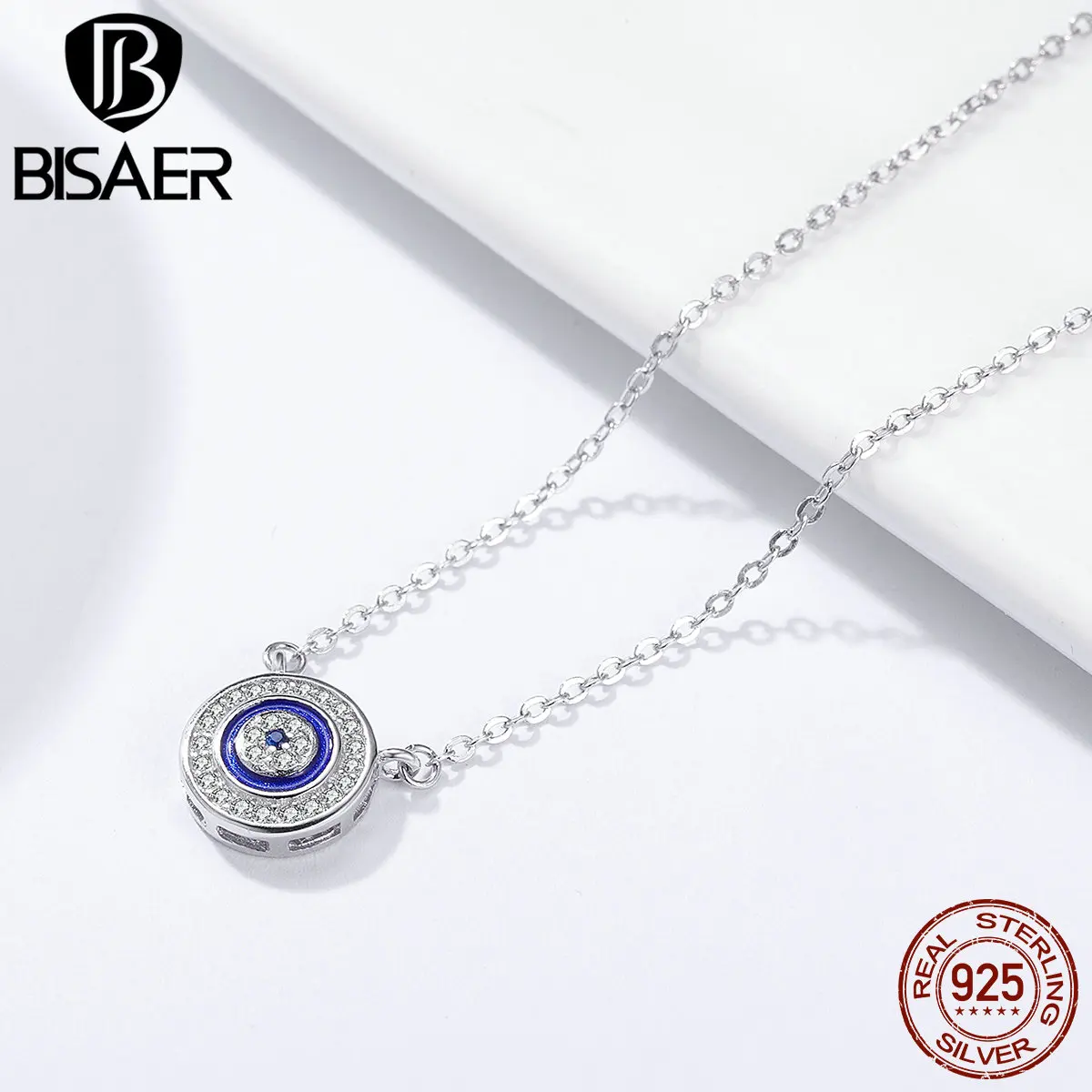 BISAER 925 Sterling Silver Demon Eye Pendant Necklace CZ Lucky Neck Chains Plated Platinum For Women Party Original Fine Jewelry