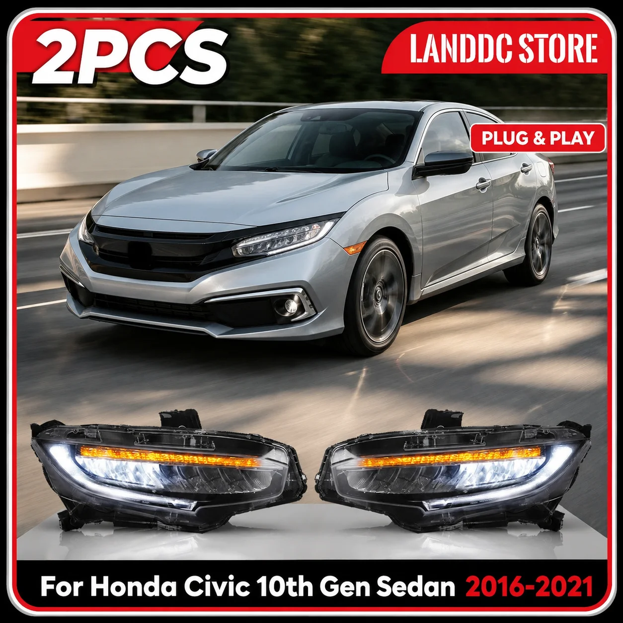LED-Scheinwerfer für Honda Civic 10. Generation Limousine 2016-2021 Frontleuchte Animiertes Tagfahrlicht Sequentieller Blinker 1 Paar