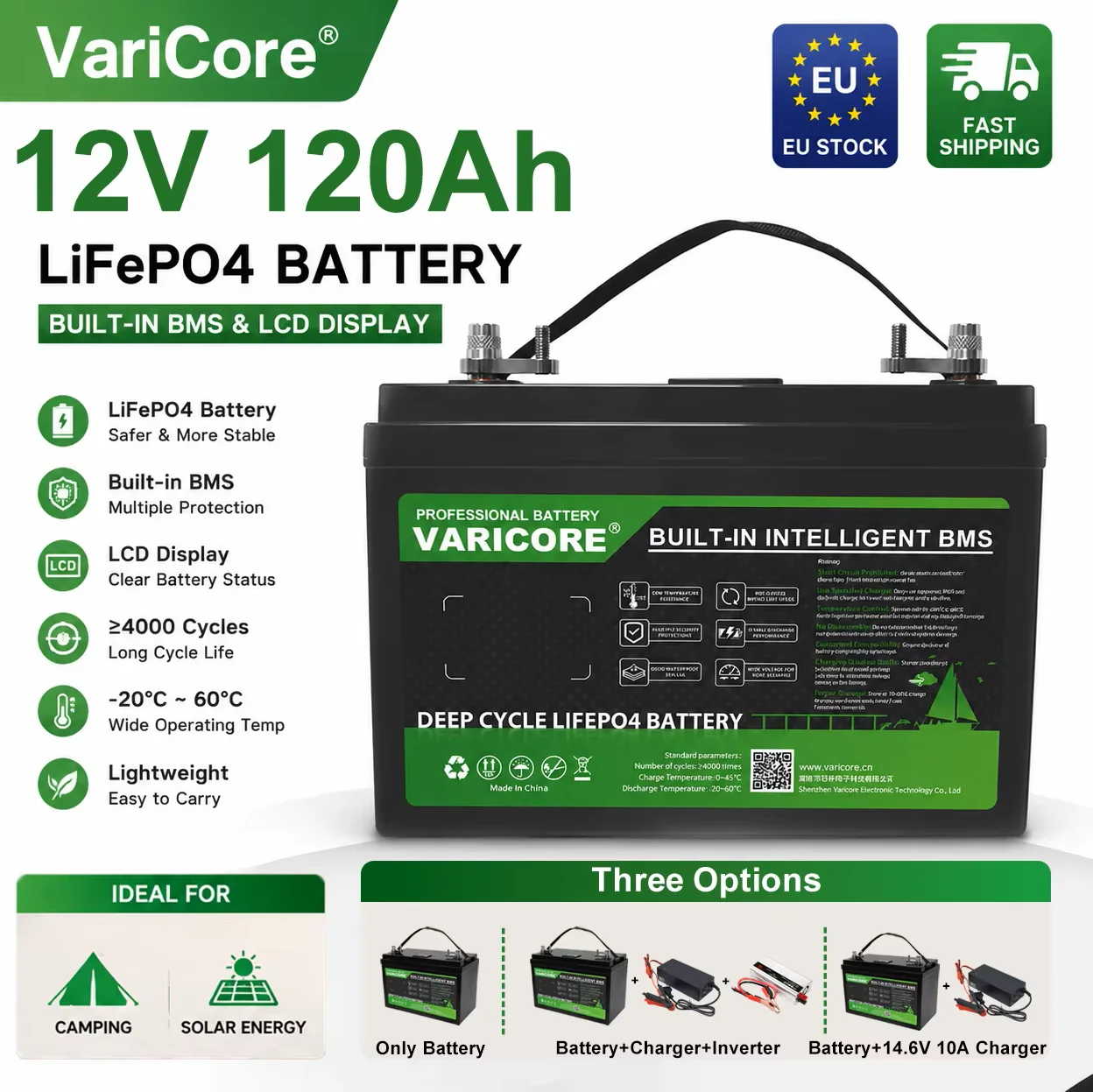 Batterie LiFePO4 12V 120Ah au phosphate de fer et de lithium + chargeur 14.6V 10A + onduleur, batterie grande capacité à longue durée de vie, vente en gros sans droits de douane UE, stock UE, livraison rapide