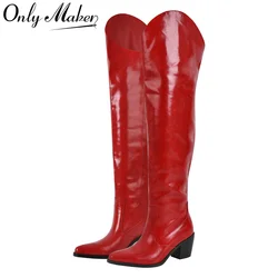 Onlymaker Women Pointed Toe Black Over The Knee High Boots 6.5CM Heel Winnter Fashion Thigh Boots