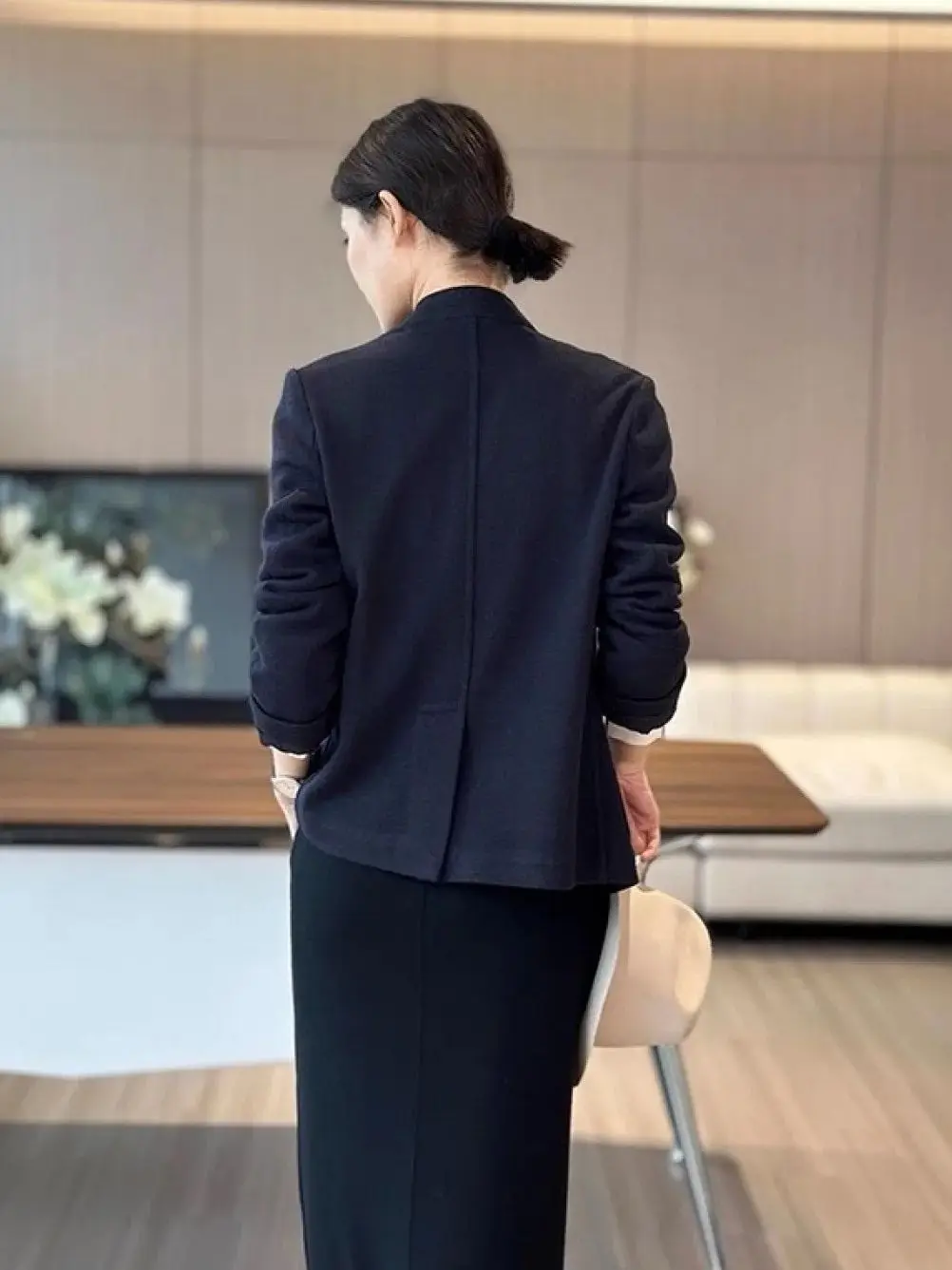Autumn minimal elegant women's wool black skirt suit