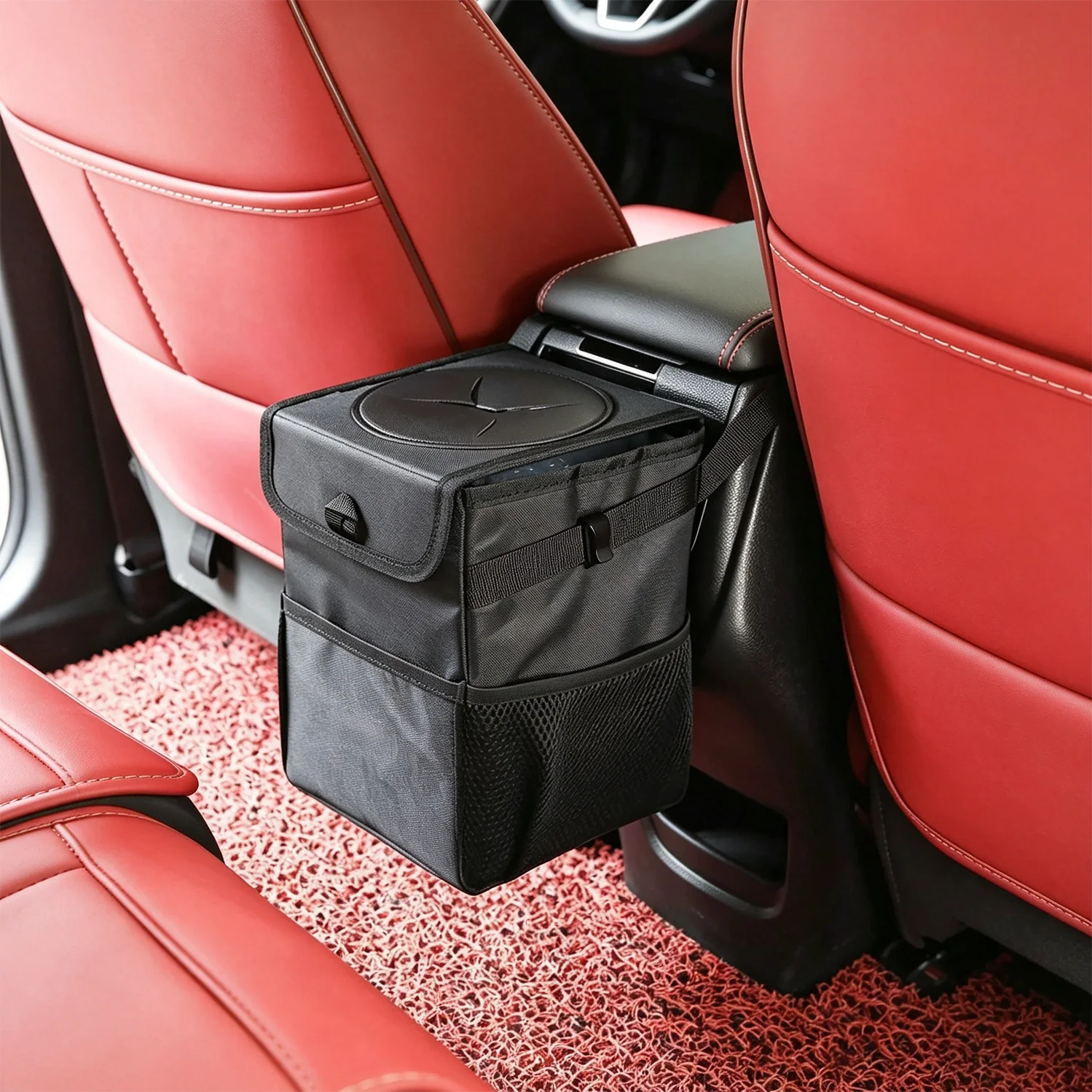 Lixeira de Carro 6L com Tampa, Saco de Lixo Multifuncional para Veículos com Bolsos de Armazenamento, Acessórios Suspensos para Interior de Carro