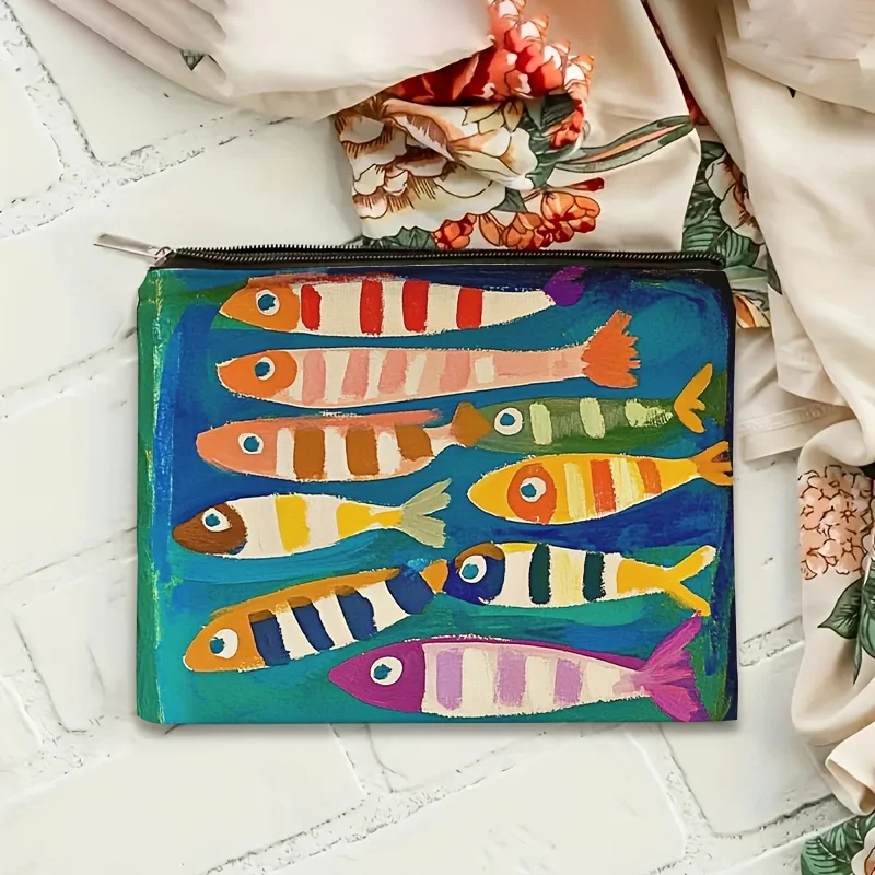1Pc Colorful Striped Ocean Fish Retro Design Makeup Bag, Snack Storage Bag, Stationery Storage Bag, Travel Bag, Canvas Double-Sided Printed Bag