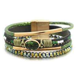 ALLYES-pulsera de cuero con cuentas de piedra de cristal para mujer, brazalete trenzado multicapa hecho a mano, tubo de Metal Retro, joyería