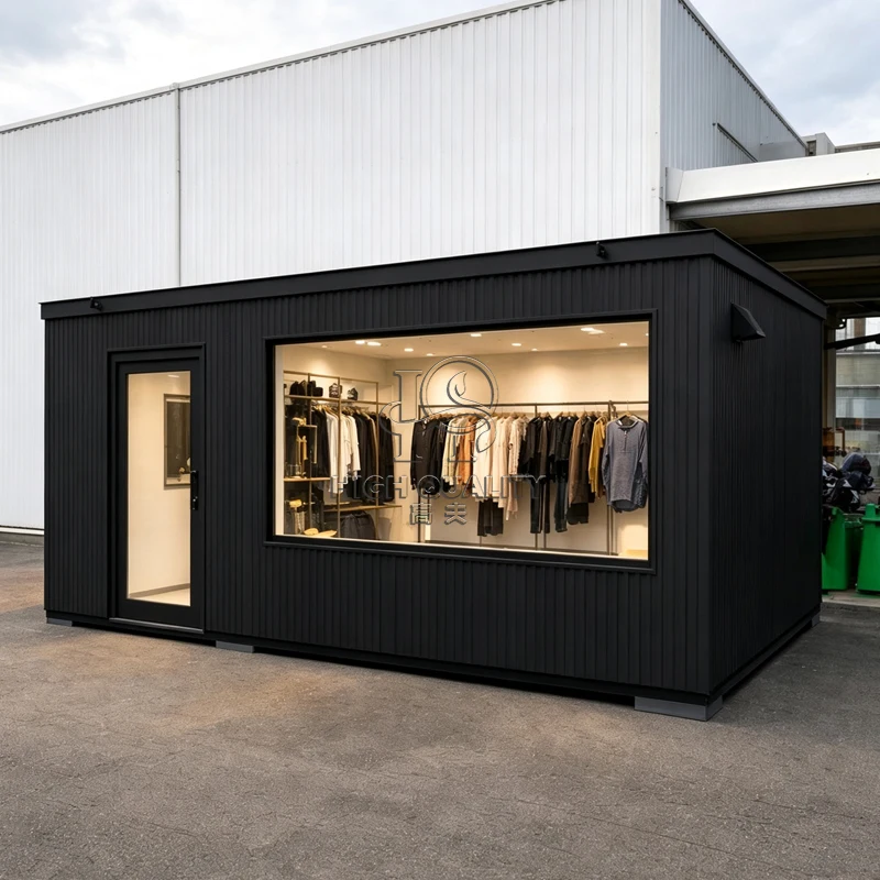 Modern Custom Foldable Container House for Boutique Clothing Store with Acrylic Display Windows and LED Lighting