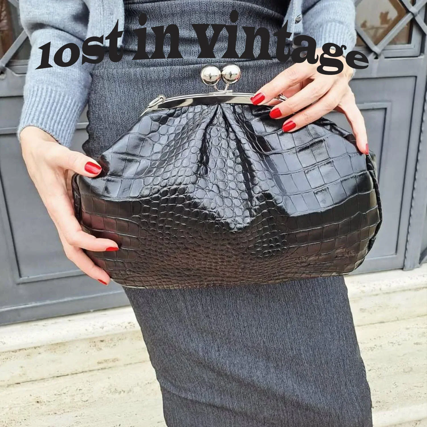 LOST IN VINTAGE PU Leather Crocodile Texture Ball Bronze Sliver Frame Kiss-lock Large Purse Evening Clutch Puffy Bags 35x25x10cm