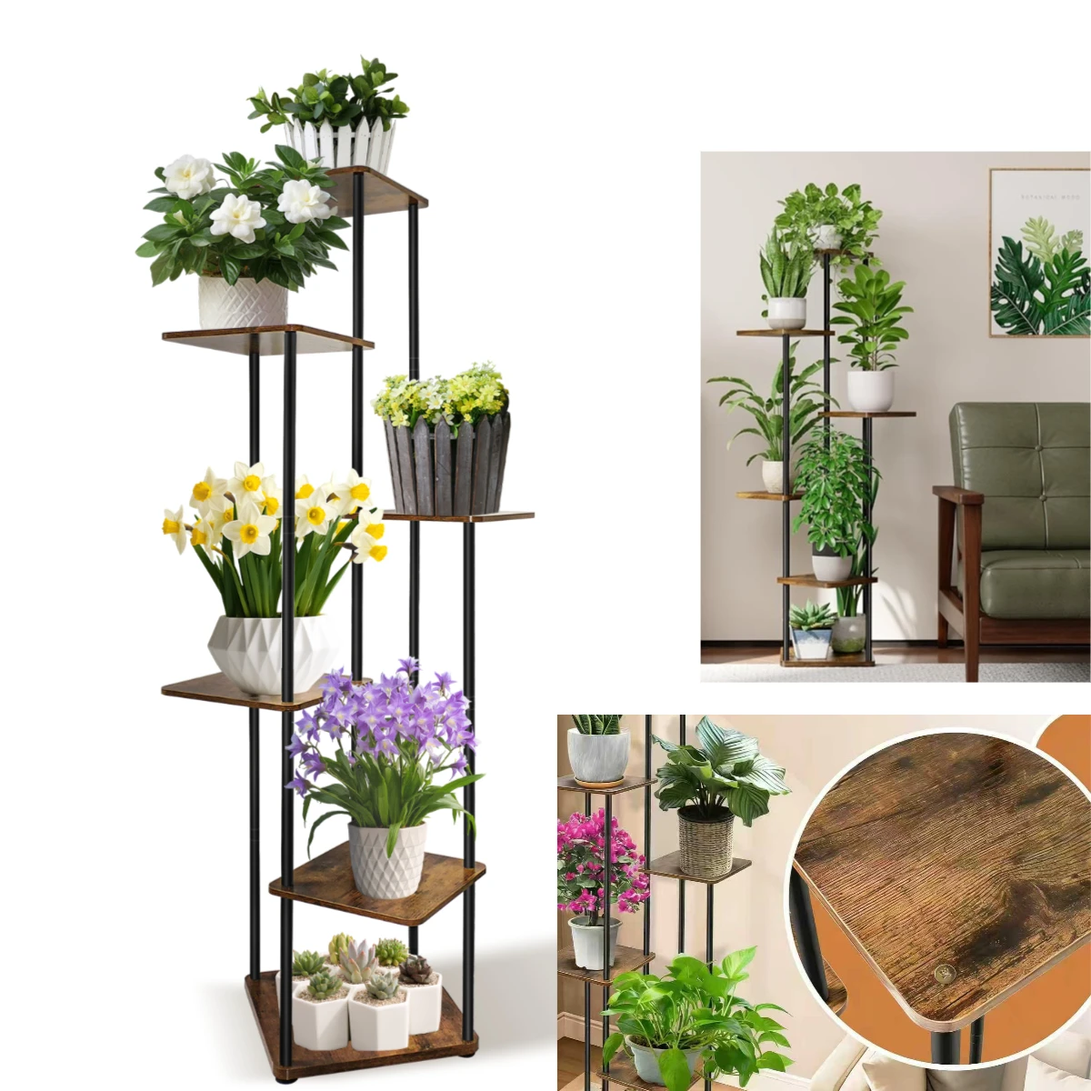 Supports à plantes d'intérieur et d'extérieur à 6 niveaux, supports à plantes en métal et en bois, adaptés à une variété de plantes