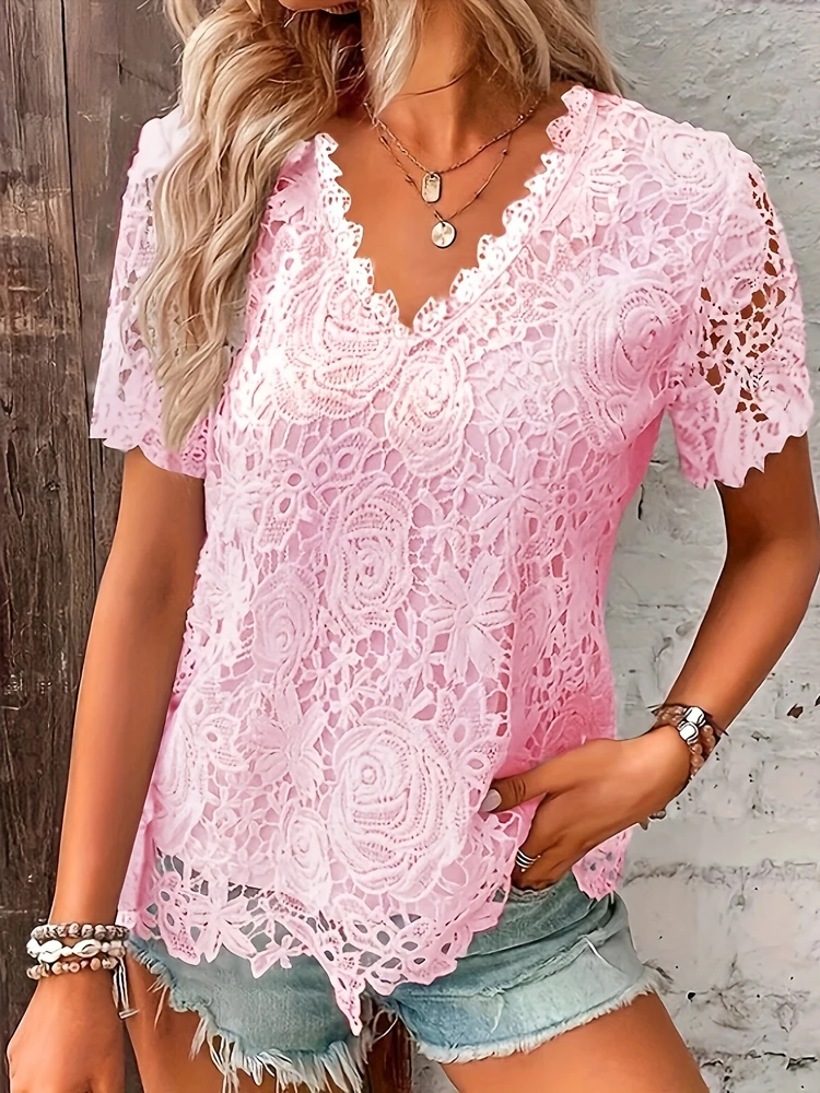 Retro Summer Lace Loose Women T Shirt Casual Solid White Elegant Patchwork Tee Pullover V-Neck Top Lady Fashion Streetwear